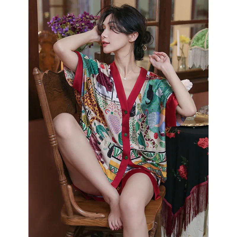 Pajamas women's summer ice silk short-sleeved thin suit home wear  женское бельё  pigiami donna