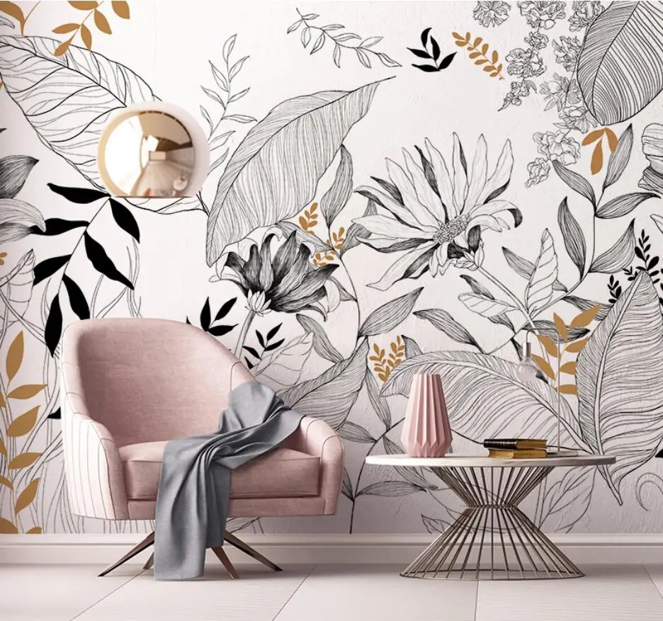 

Custom Wallpaper Mural Abstract Line Drawing Tropical Rainforest Plants Bedroom Living Room Background Wall papel de parede
