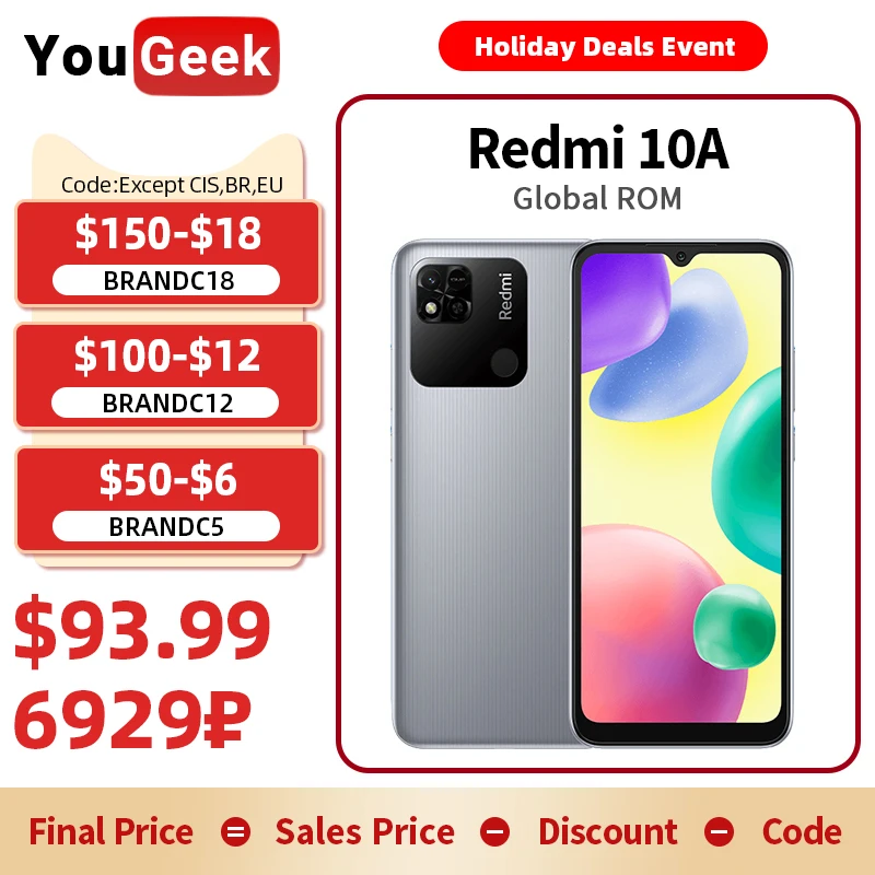 Global ROM Xiaomi Redmi 10A 4GB/6GB 128GB Smartphone 6.53
