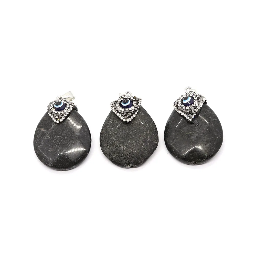 

1pc 28x38mm Water Drop Shaped Section Black Agate with Rhinestone Beads Pendants Natural Semi-precious Stone DIY Making Necklace