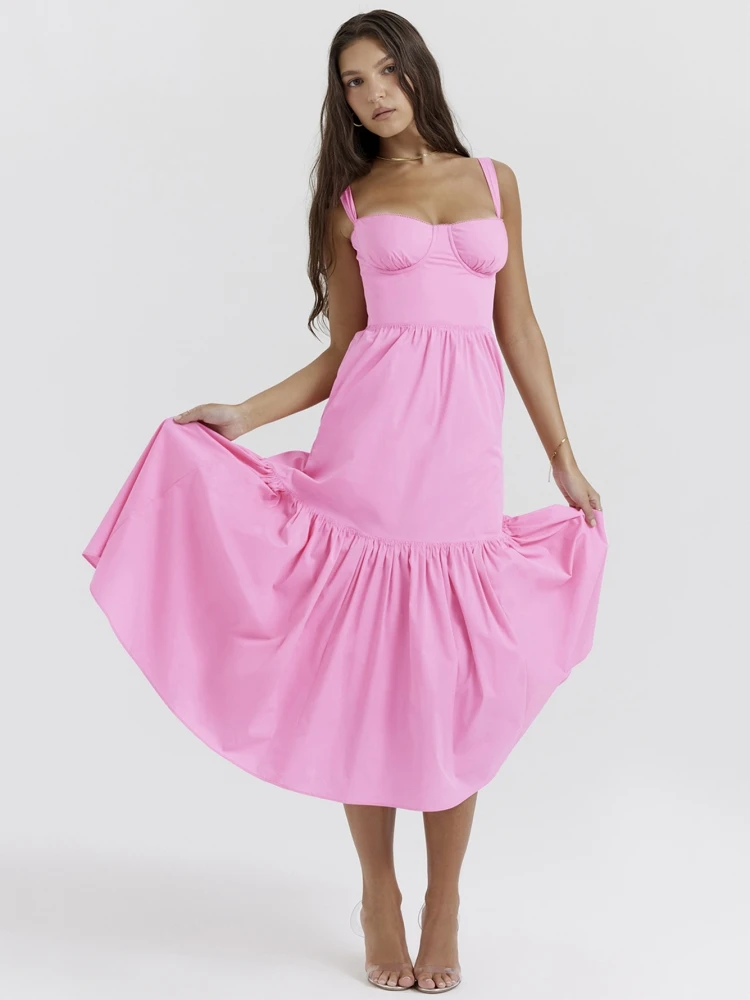 

Сексуальный длинный сарафан на тонких бретельках с оборками, женское розовое длинное платье-трапеция без рукавов с открытой спиной, лето 2023, вечернее женское пляжное платье