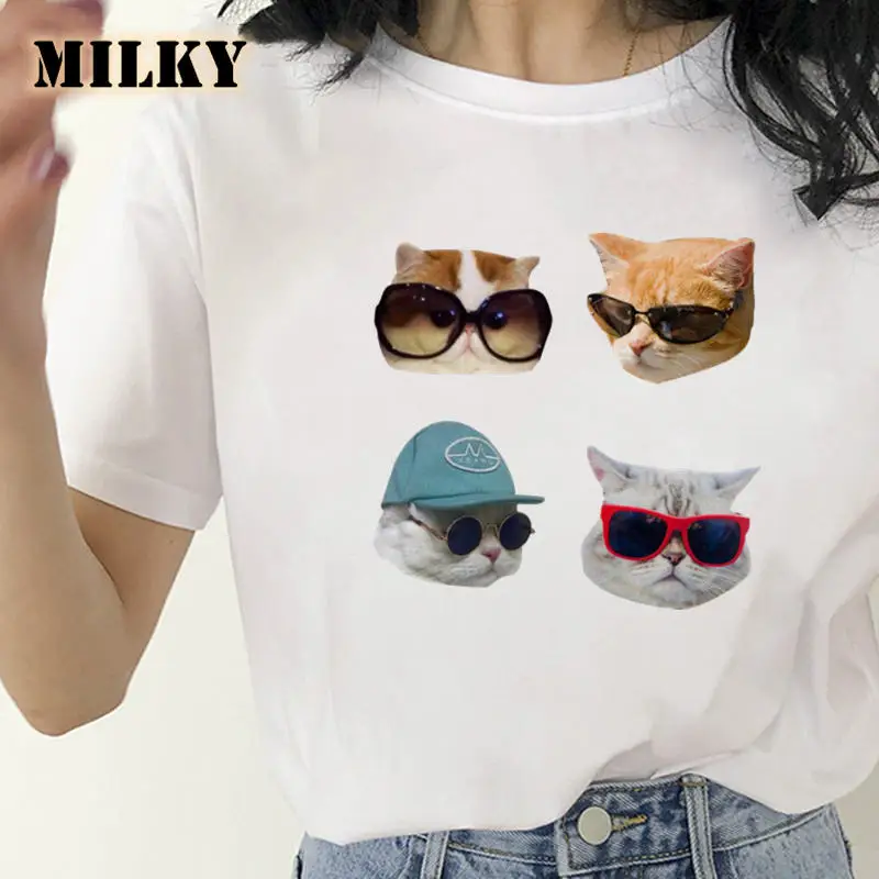 

Funny Cartoon Cat Women T-shirt Harajuku Graphic Ulzzang T-shirt 90s Print T-shirt Fashion Aesthetic Top Tee Female 2022