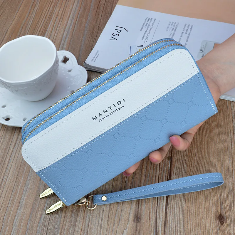 Double Zipper Women Wallet PU Leather Card Holder Long Female Color Matching Lady Cellphone Bag