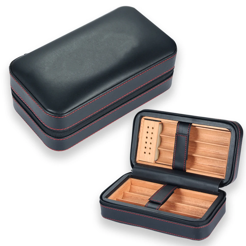Black Portable Cigar Leather Case with Humidifier Cigar Humidor