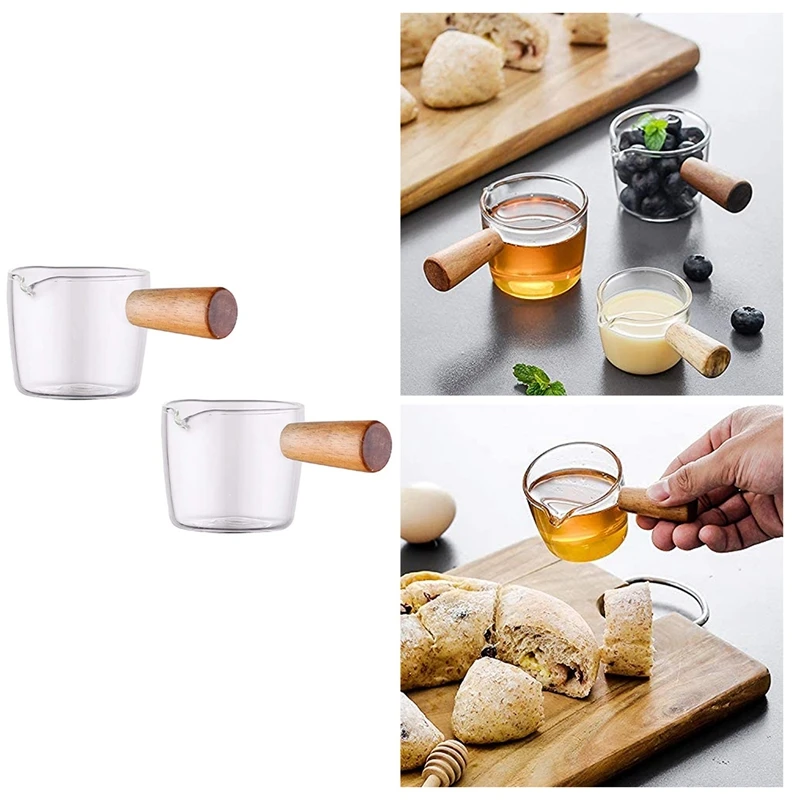 

2PCS Transparent Glass Creamer With Wooden Handle, Mini Coffee Milk Creamer Pitcher
