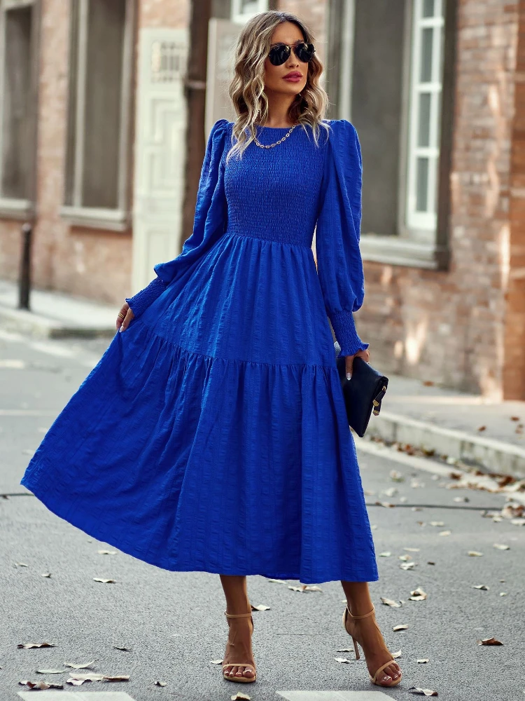 

2023 Spring Casual O Neck Lantern Sleeve Dress Women Loose Elegant Solid A-line Dress Lady Simple High Waist Klein Blue Dress