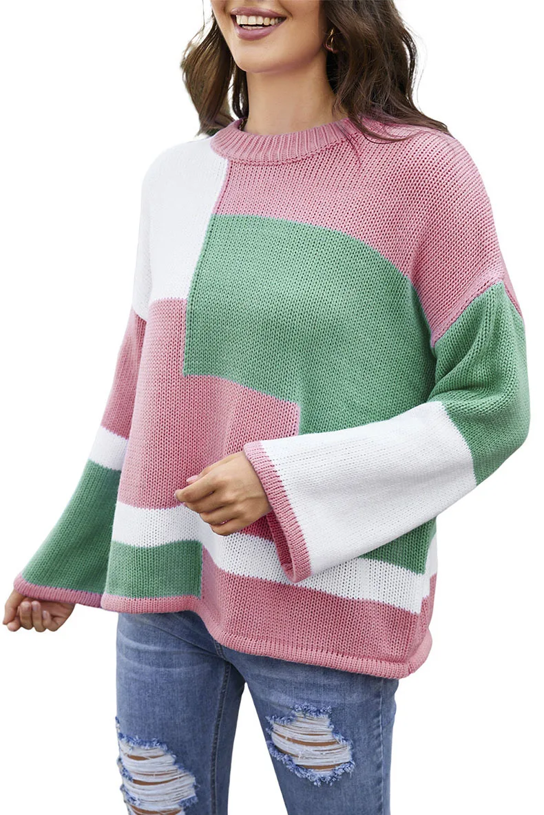 

Casual color matching sweater women autumn loose pullover round neck long sleeve jumper