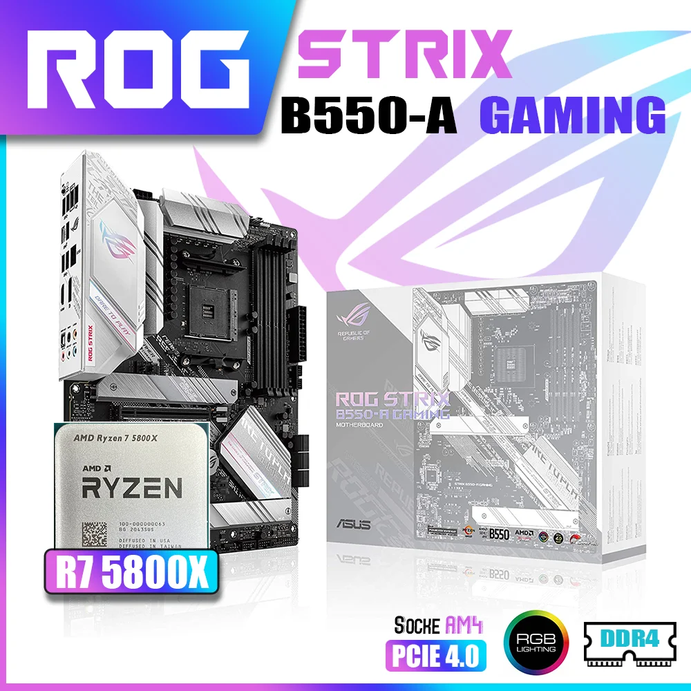 

New Kit ASUS ROG STRIX B550-A GAMING With AMD Ryzen 7 5800X CPU Processor DDR4 Memory Motherboard AM4 mATX RGB Combo