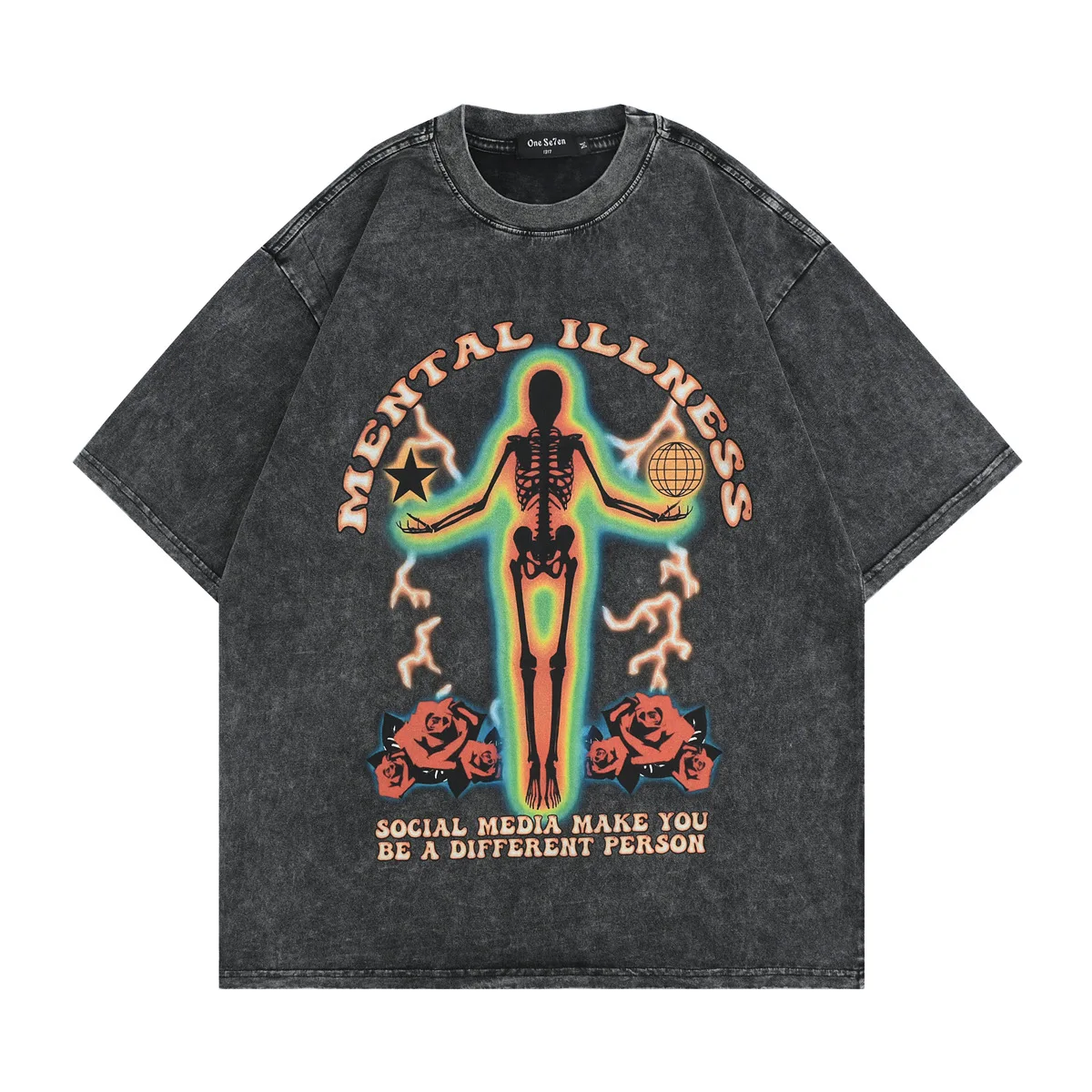 

YIHANKE Ami Khaki Retro High Street Old T-shirt Cotton Wash Water Printing Skull Loose Round Neck Short-sleeved T-shirt Men