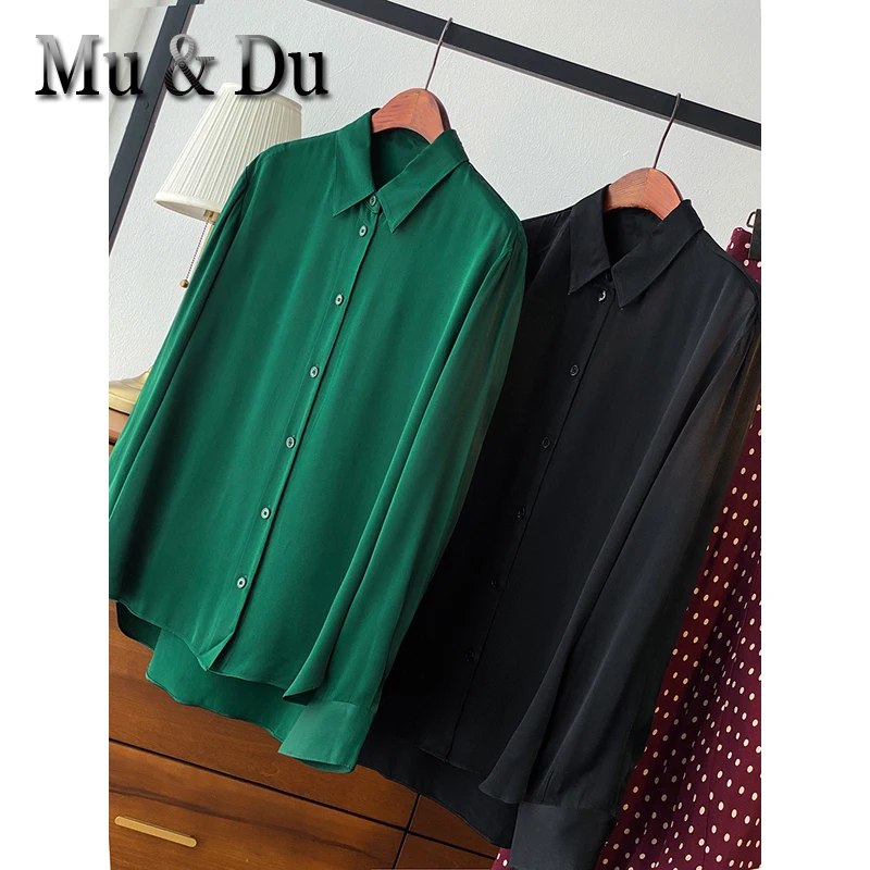 

Mu&Du 2023 Women Spring Fashion Satin Shirts Lapel Cardigan Tops Office Lady Loose Single Breasted Blouses Vintage Blusas Mujer