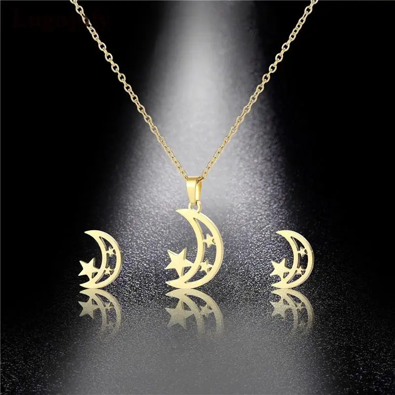 

Fashion Jewelry Titanium Steel Women Moon Earring Necklace Set For Women Girl Anniversary Party Jewelry Gifts TGS041