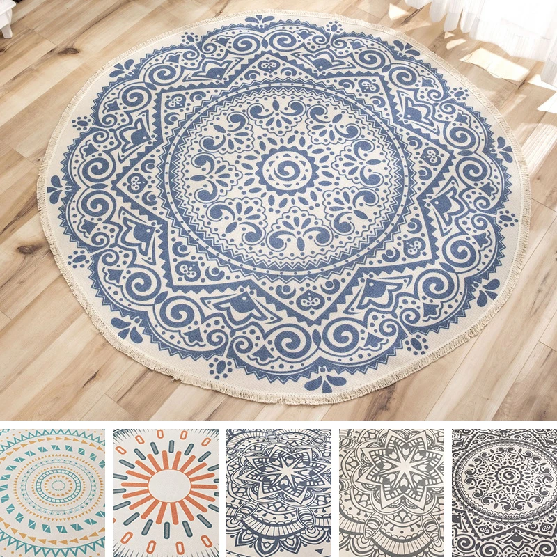 

Bohemian Round Carpet Cotton Linen Printed Floor Carpet Nordic Bath Bedroom Living Room Mat Home Decoration Entrance Doormat