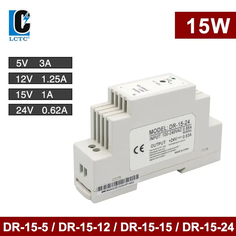 

15W 5V 12V 15V 24V Output Voltage DR-15 Series 0.63A 1A 1.25A 2.4A Rail Type Small Volume Switching Power Supply Transformer