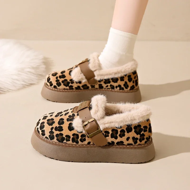 Модная женская обувь с леопардовым принтом на платформе 2024 теплые плюшевые