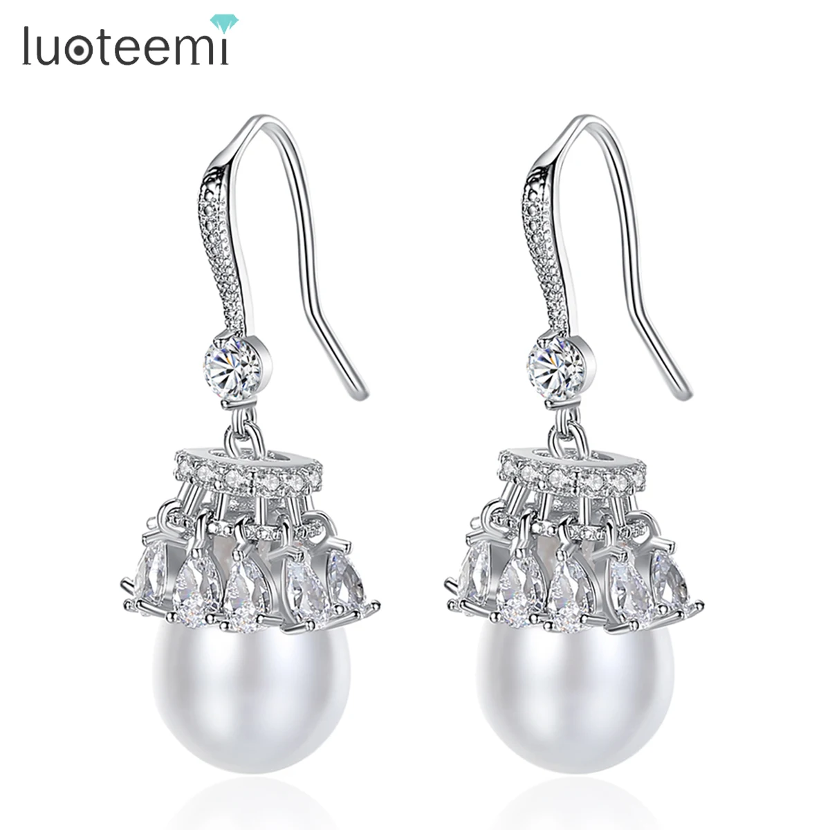 

LUOTEEMI Wonderful Cubic Zirconia Drop Earrings Imitation Pearl With CZ Crystal Party Jewelry for Women Wedding Bridal Accessory