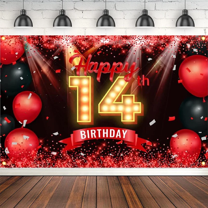 

Photography Backdrop Red And Black Happy 14 Years Old 14th Birthday Background Decor For Girls Boy Party Supplies Glitter Poster