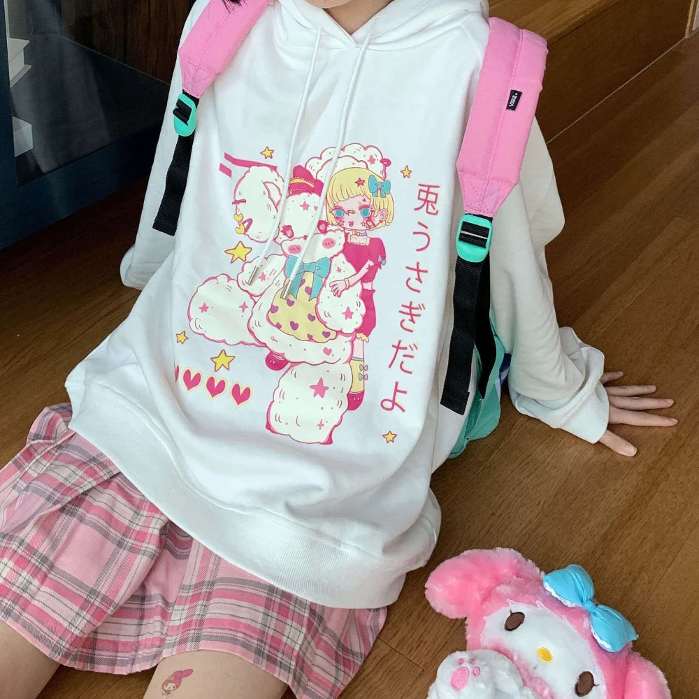 

Harajuku Японская уличная одежда милый мультяшный кролик пуловер для колледжа толстовки для женщин кавайная милая девочка смешной Повседневны...