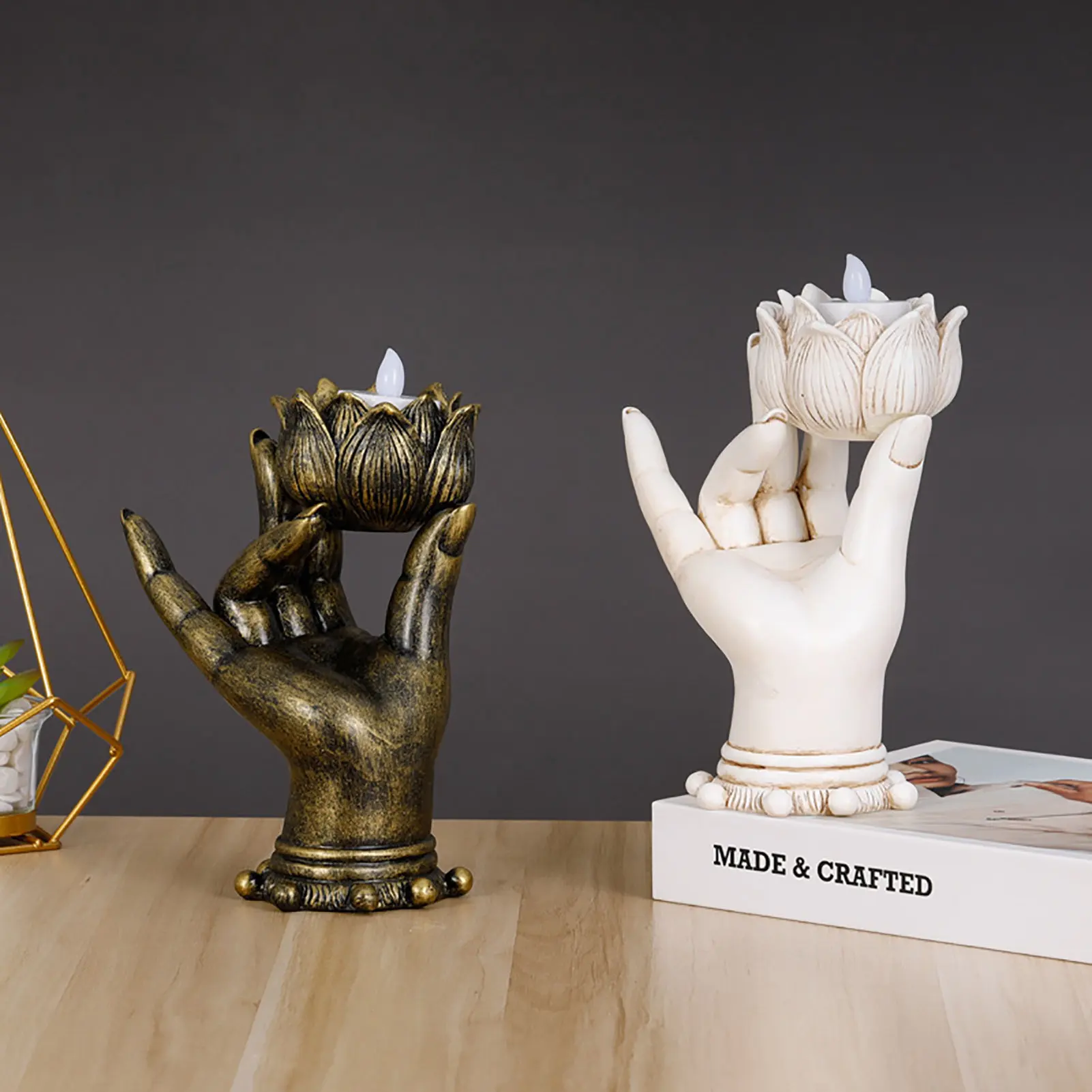 

Buddha Hand Candle Holder Resin Tea Light Holders Lotus Gesture Hand Shape Candle Holder for Yoga Feng Shui Spa Home Decoration