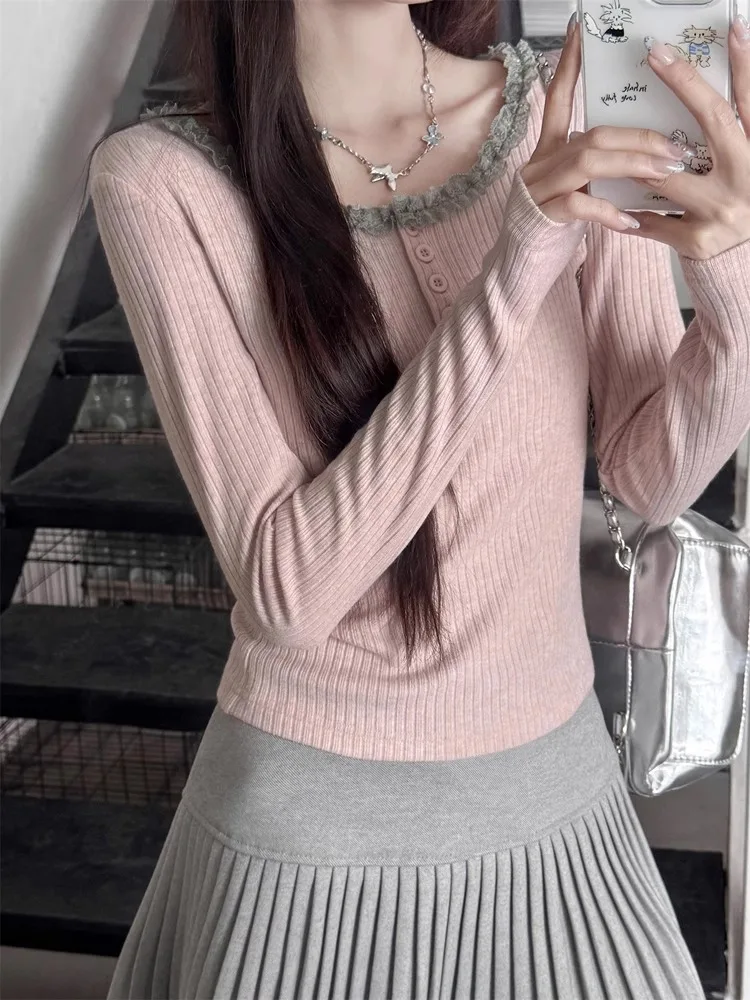 Нежный мягкий розовый кружевной свитер женский новый осенне-зимний