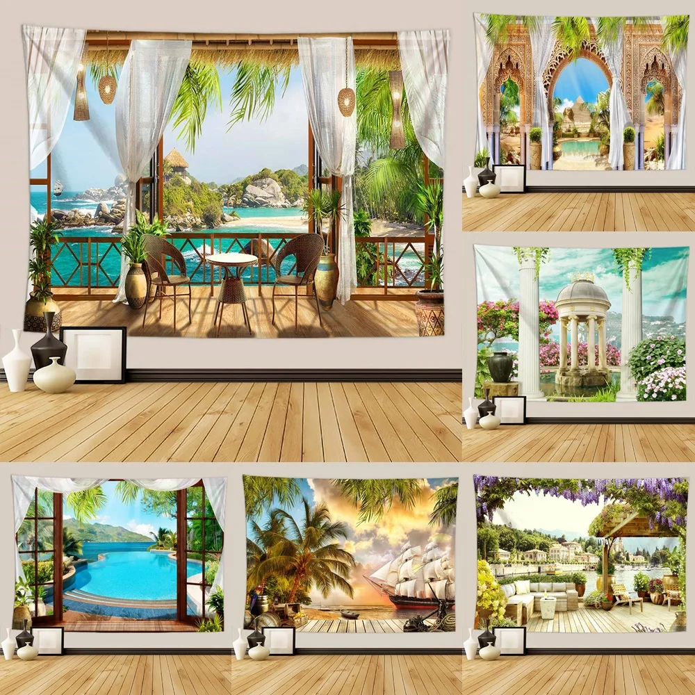 

Nordic Garden Balcony Scenery Tapestry Ocean Landscape Flower Plant Building Art Wall Hanging Fabric Tapestries Home Decor Cloth