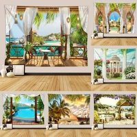nordic garden balcony scenery tapestry ocean landscape flower plant building art wall hanging fabric tapestries home decor cloth