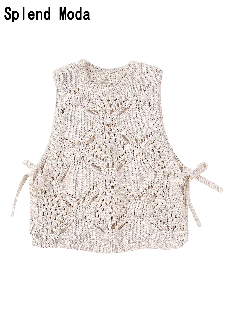 

2023 Women Summer Fashion Vinatge Hollow Out Jacquard Stretch Knitted Tank Tops Streetwear Slim Pullovers Chic Cropped Top TRAF