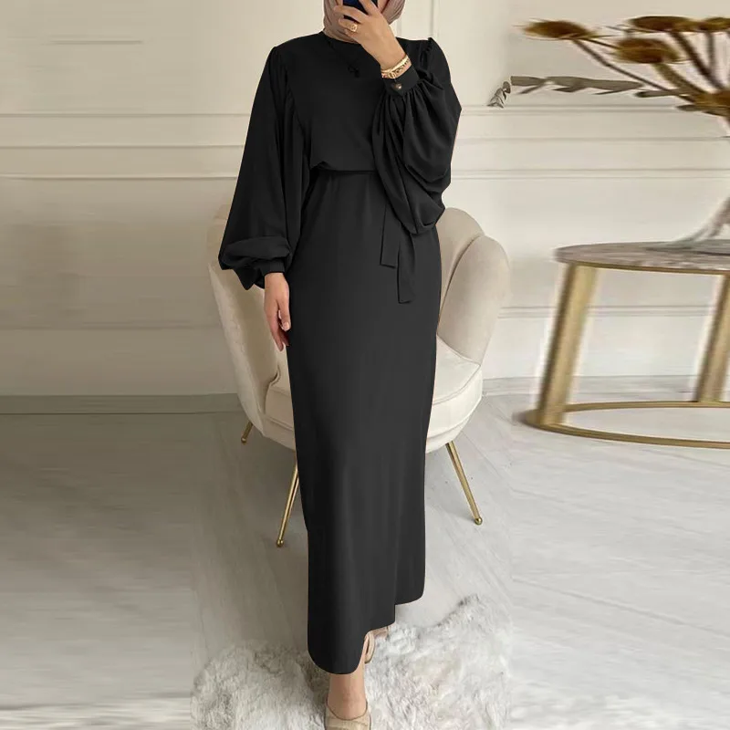 Maxi Dubai Abaya Robes Elegant Muslim Dress for Women Fashion Belted Party Solid Long Sleeve Turkey Plain Islamic  جلابيه نسائية
