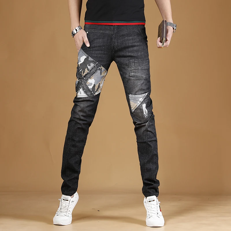 Camouflage Patchwork Black Jeans Men Summer Streetwear Regular Straight Pants Korean Style Casual Stretch Denim Trousers