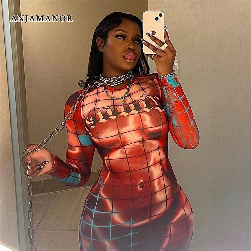 

ANJAMANOR 3d Body Printed Graphic Dress Women Street Fashion Sexy Long Sleeve Bodycon Dresses Nightclub Autumn 2023 D78-CE29