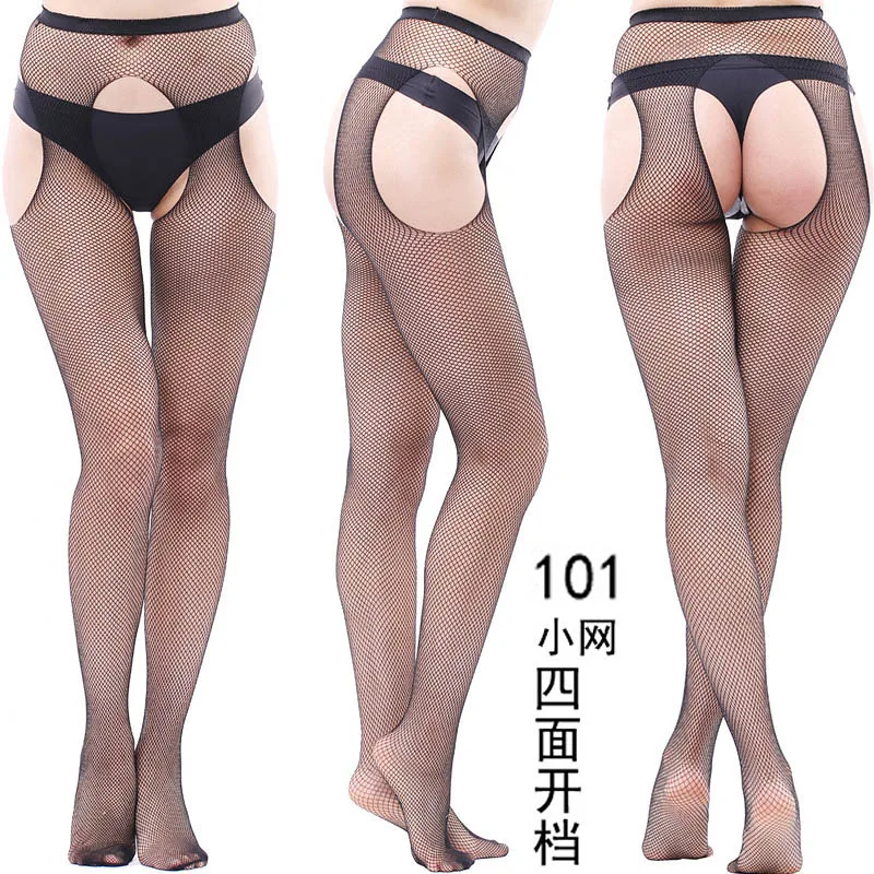 

Lady Sexy Elastic Fishnet Conjoined Garter Black Suspenders Stockings Pantyhoses Lace Mesh Jacquard Women Open Crotch Body Socks