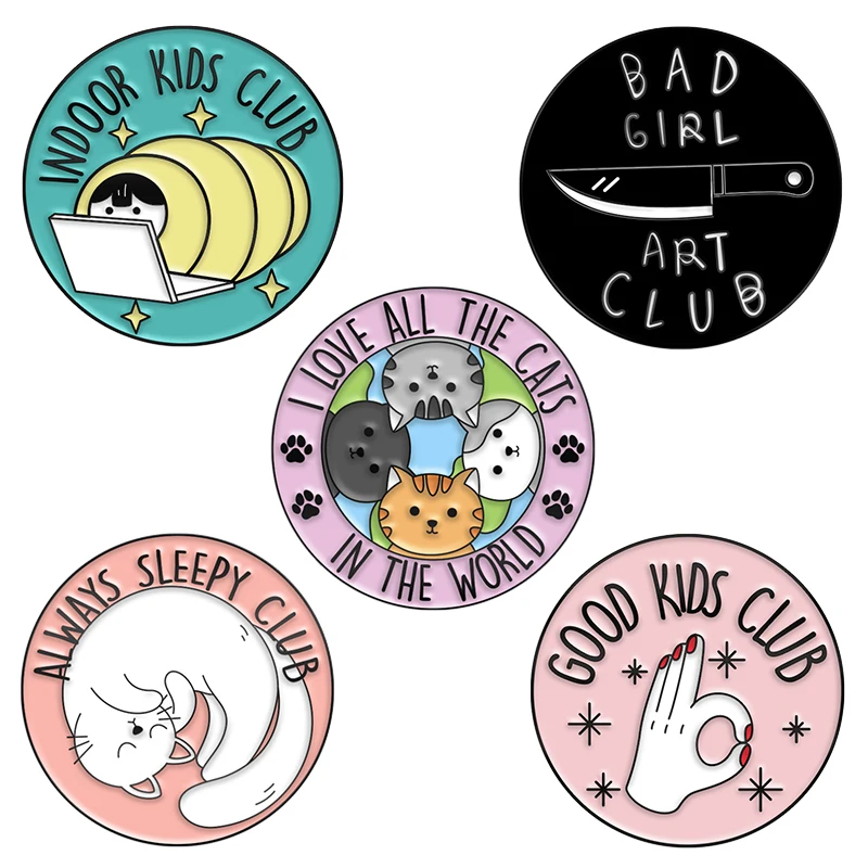 

Cartoon Round Badge Good Kids Club Always Sleepy Enamel Lapel Pin Cute Cats Pet Brooch Jewelry Gift for Children Friends