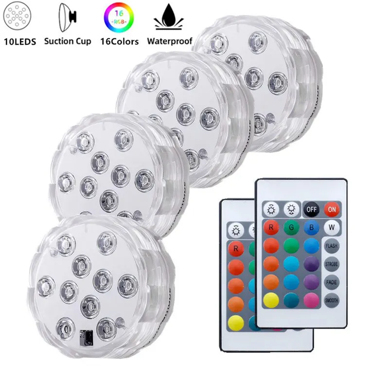 

Updated Submersible LED Lights with Remote Underwater Pool Light IP68 Suction Cups 10 LED Bright Lamp RGB for Pond/Pool/Aquarium
