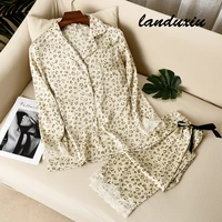 leopard print women pajama set ice silk soft touch long sleeve suit pyjamas landuxiu
