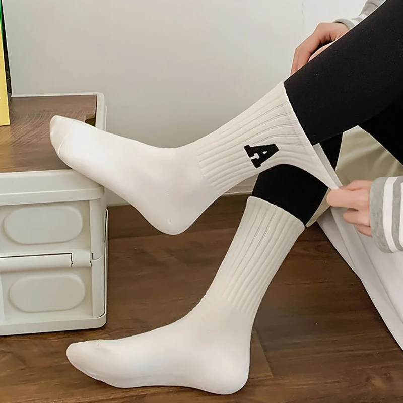 Embroidered Letter Cotton Socks Women Casual Long Korean Style Girl Students Japanese Fashion Socks Solid Color Cycling Sport