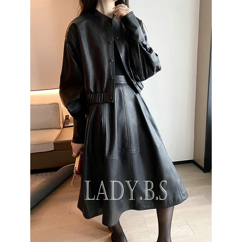 High Quality New Sheep Leather Suit Turkish Sheep Leather Women Long Sleeve Jacket + Leather Skirt Umbrella Skirt Women