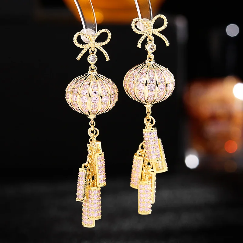 Wedding Party Lantern Tassel Earrings for Women Design Creative Fashion Brand Jewelry Colorful Cubic Zirconia Dangle Earings