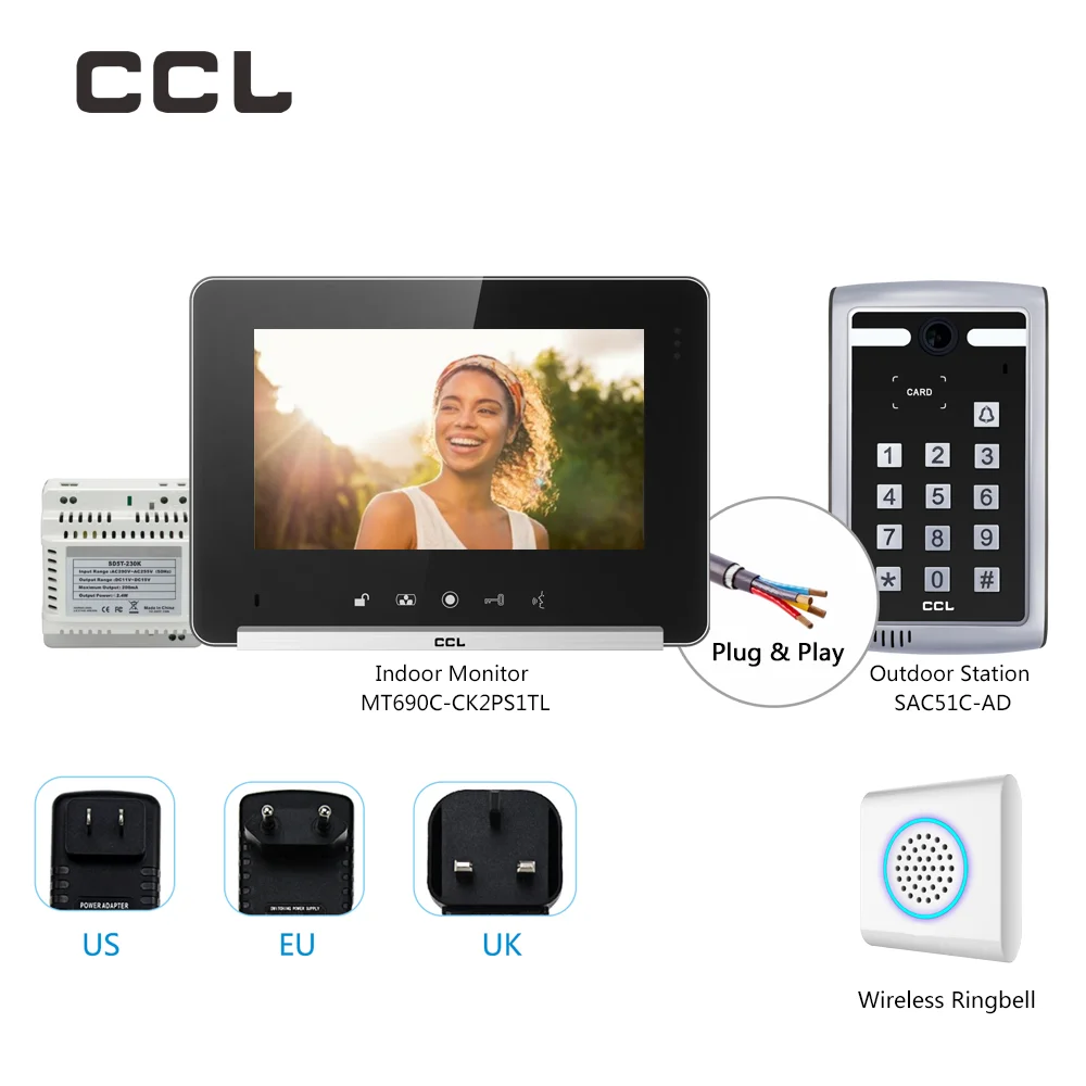 CCL 7 Inch Video Intercom Indoor Monitor Security Protection Door Phone 4-Wire with Wireless Ringbell Doorbell For Villa System
