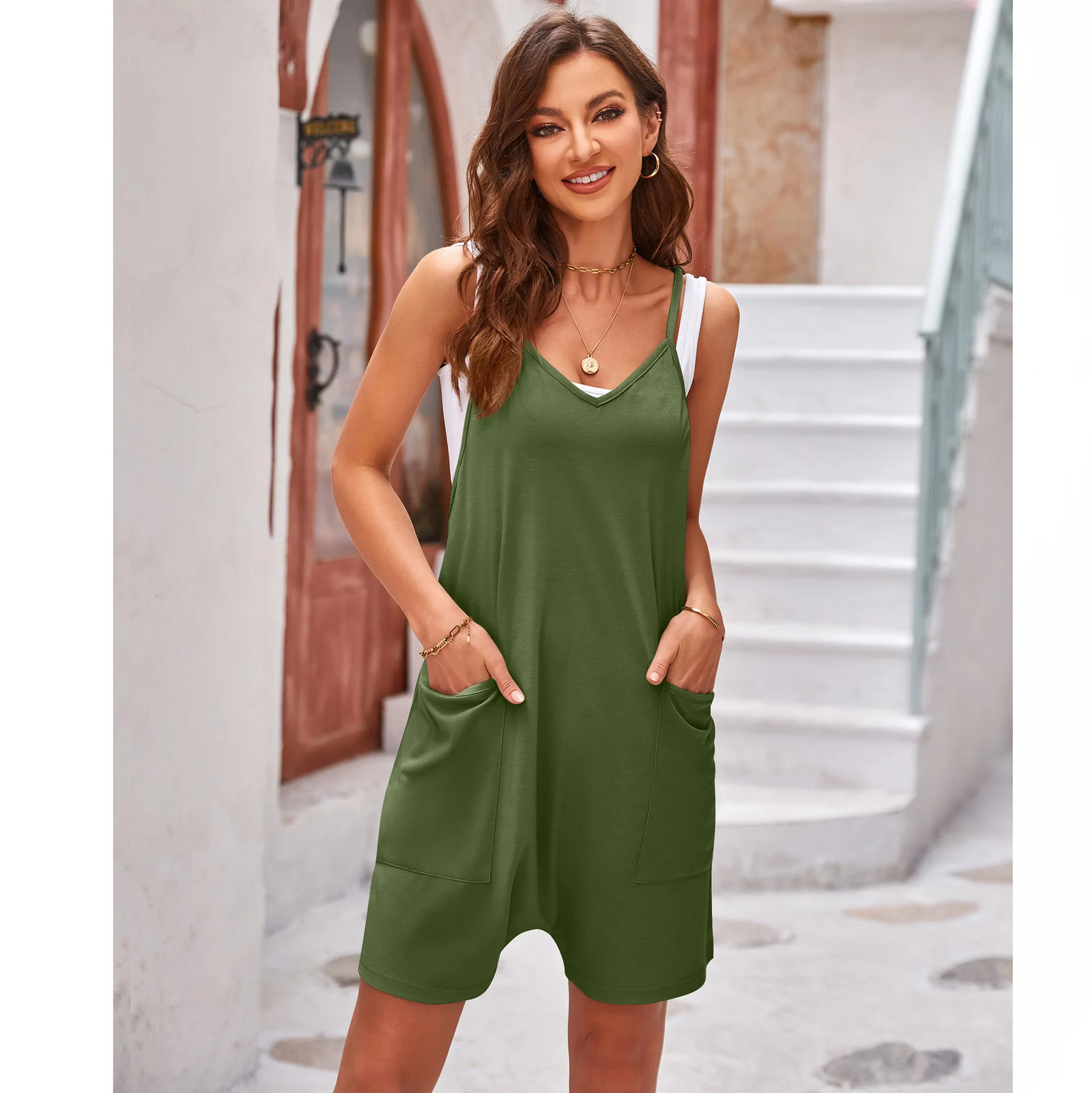 2023 Casual Loose Jumpsuits Women Spaghetti Strap Long Summer Solid Cotton Wide Leg Pants Rompers Overalls Sleeveless Jumpsuit