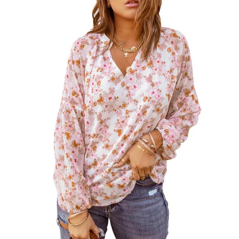 

Women Chiffon Blouse Shirts Spring and Autumn New Floral Printing VN eck Lantern Long Sleeve Casual