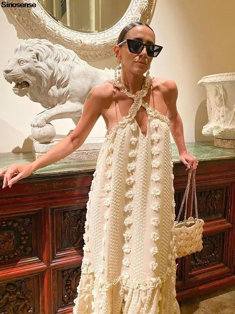 

Sexy Sleeveless Halter Maxi Summer Dress Women Ruffle Beach Long A Line Loose Dress Elegant Slip Holiday Hollow Out Sundress