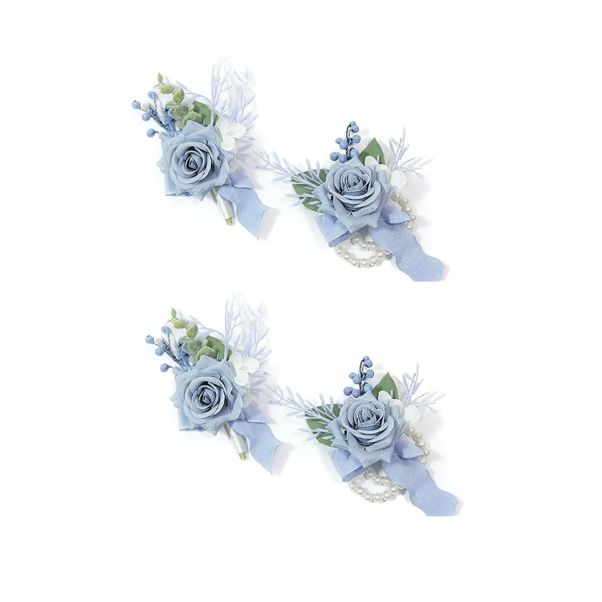 

4PCS Dusty Blue Corsage and Boutonniere Set, Prom Artificial Flower Wrist Corsage Bracelets