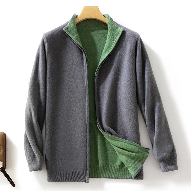Мужской 100% кашемировый свитер на молнии Cadigan одежда с обеих сторон осень-зима