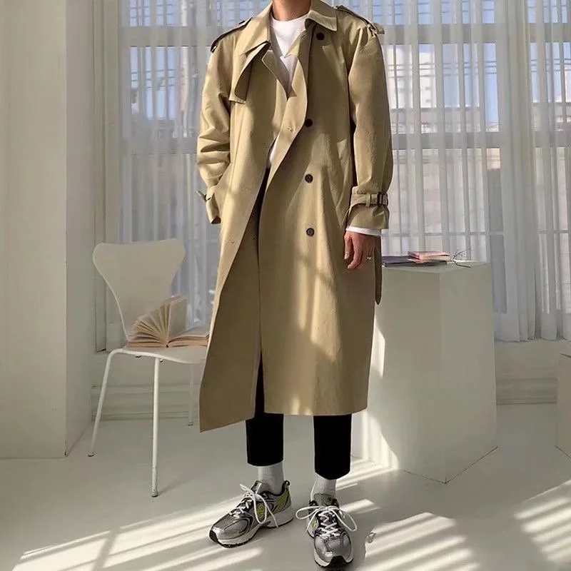 

Black Trench Coat Men Fashion Autumn Khaki Oversized Long Coat Men Korean Loose Windbreaker Jacket Mens Overcoat M-2XL