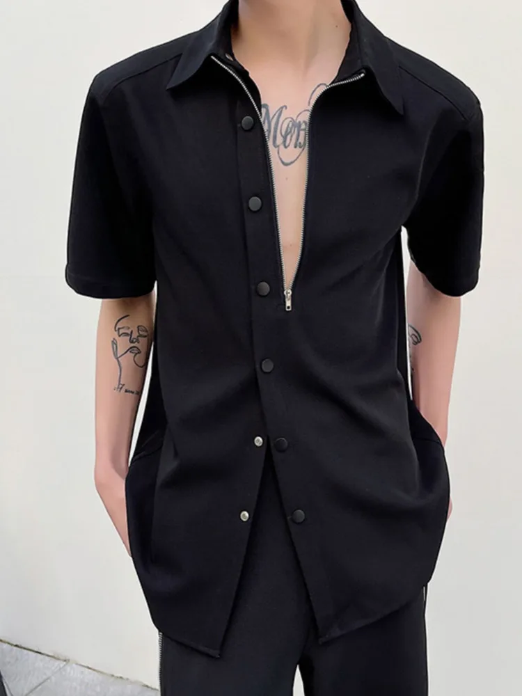 

SYUHGFA 2022 Spring Summer Lapel Short Sleeve Zipper Slit Design T Shirt For Men Loose Casual Shirts Tops Men Clothing