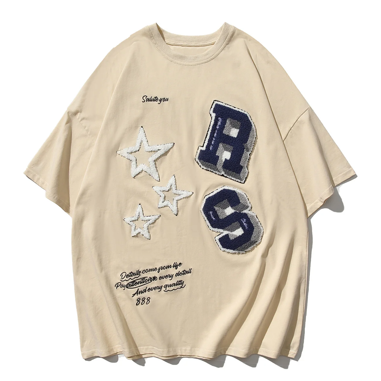 

KKAYCATE Fashion Streetwear Flocked Letters Stars Tee Shirt Harajuku Casual Loose Short Sleeve Tops Summer T Shirt Men Women