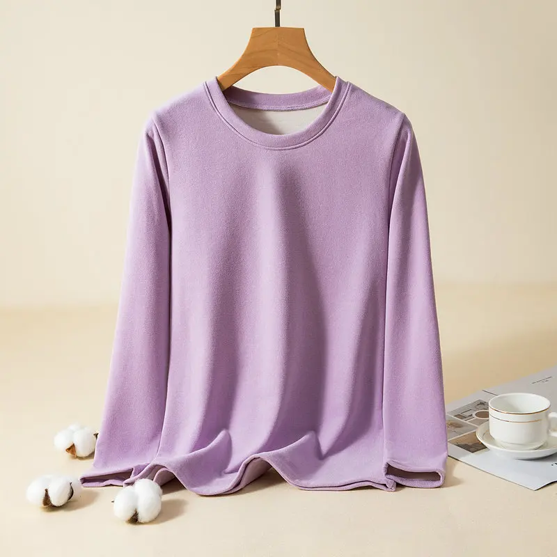 

Autumn and Winter Plush Warm Long Sleeved T-shirt for Women Thickened Bottom Heating Round Neck Oversized Women Tshirt