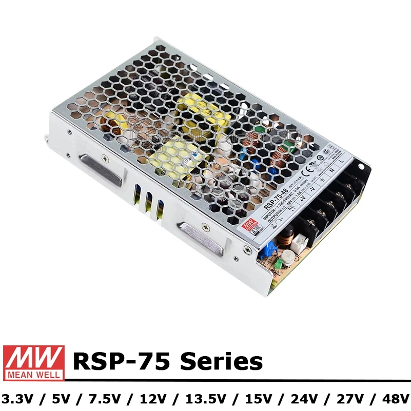 

Mean Well RSP-75 Series 3.3V 5V 7.5V 12V 13.5V 15V 24V 27V 48V DC 75W Single Output Switching with PFC Function Power Supply