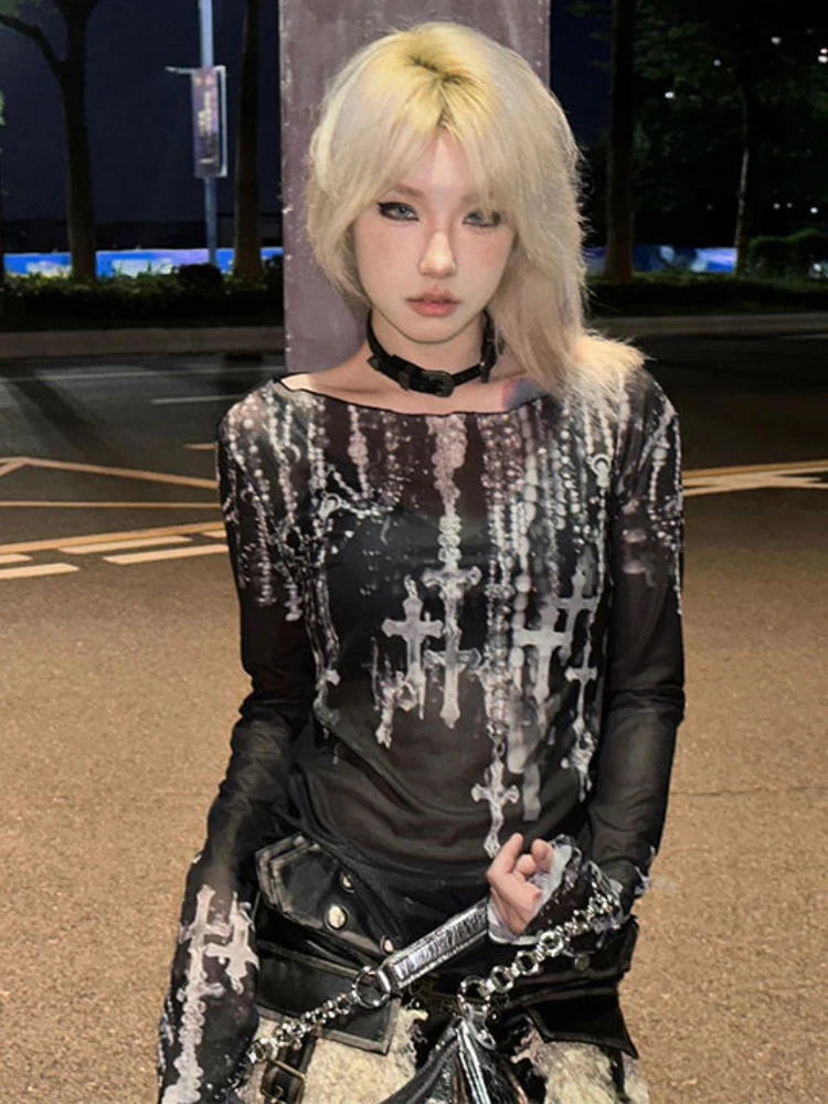 Женская футболка с длинным рукавом облегающая принтом в стиле Харадзюку Y2k