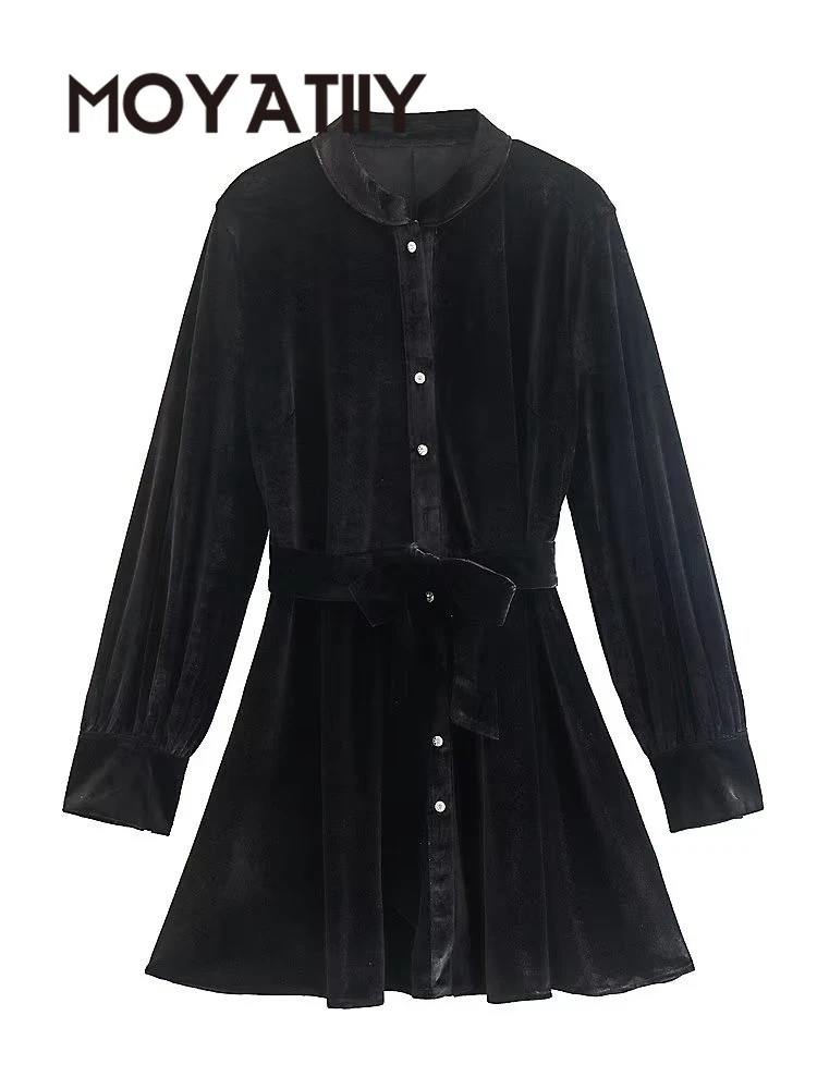 

MOYATIIY 2022 Women Fashion Autumn Dress Black Beading Velvet Mini Dresses with Slash Long Sleeve Ladies Vestidos