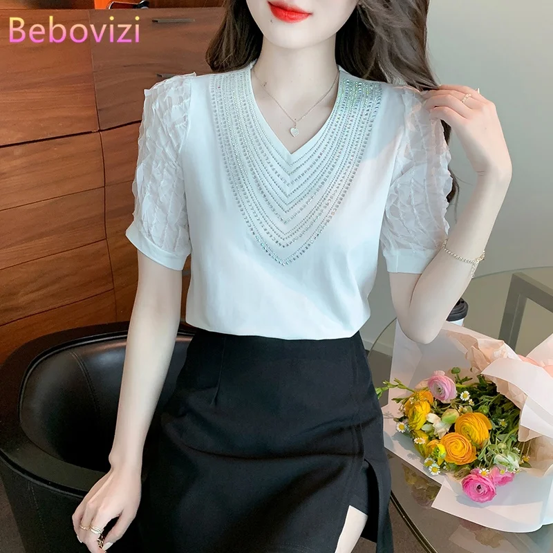 

Summer Casual Short Sleeved Sweet Blouse Top Korean Fashion New V-neck Women's Shirt Sexy